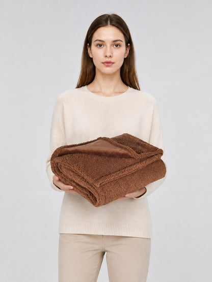Brown Reversible Pet Blanket on-model view