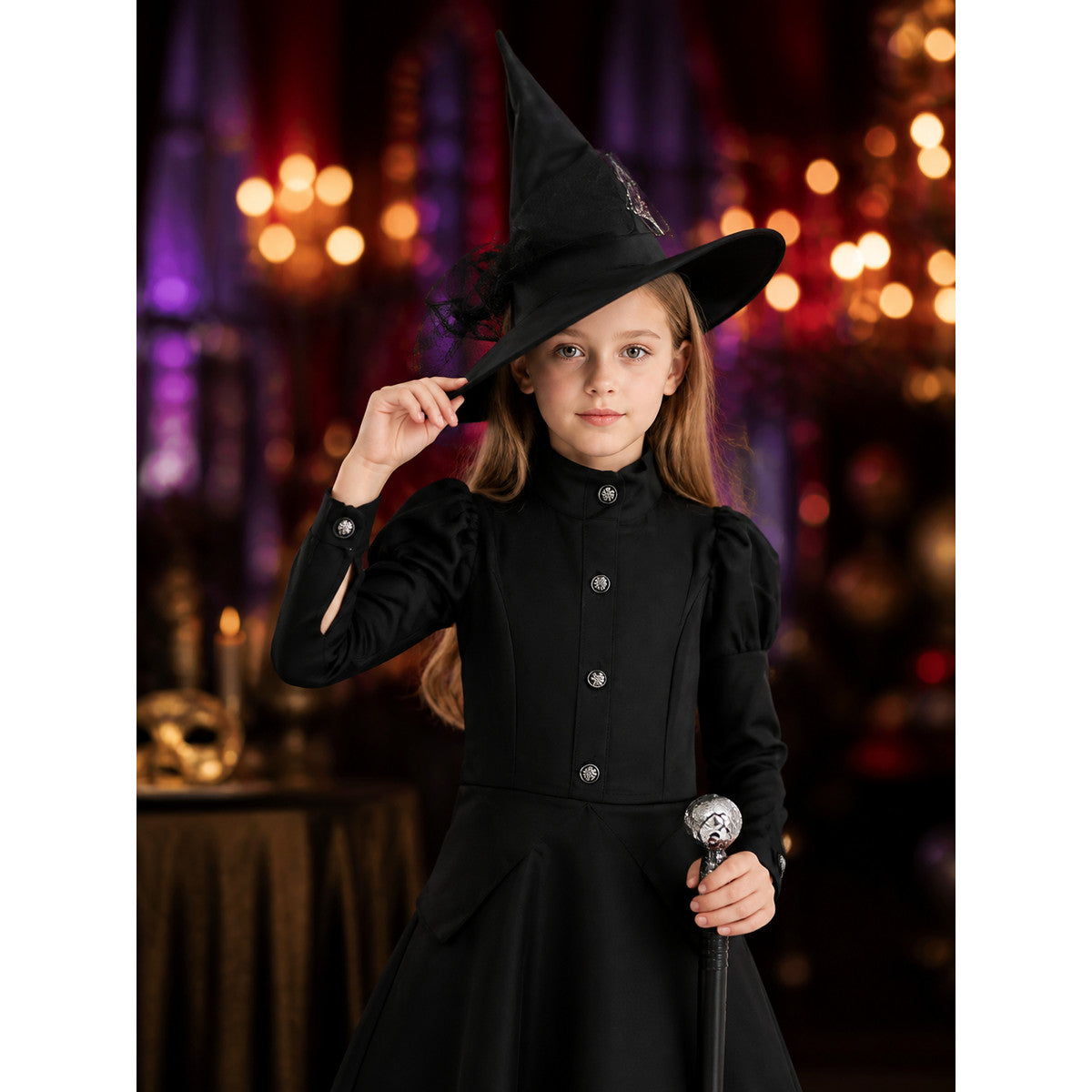 Black witch costume with a pointed hat for masquerades on-model view