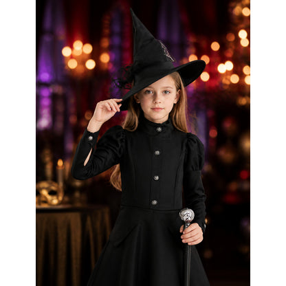 Black witch costume with a pointed hat for masquerades on-model view