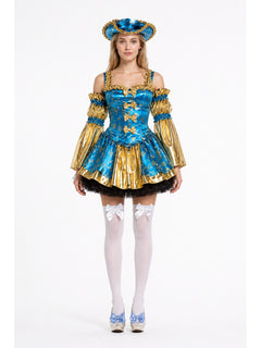 Blue and Gold Pirate Carnival Dress with a Full Skirt