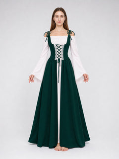 Women's Medieval Renaissance Dress Costume – Green Corset Vest over White Bell-Sleeve Dress