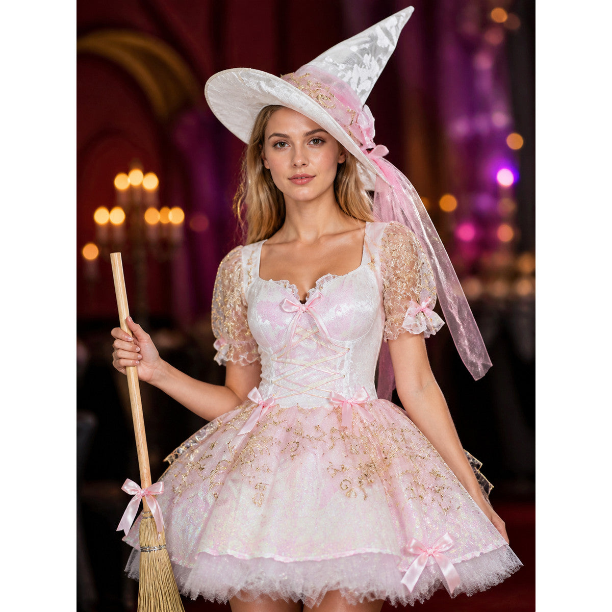 Women's Witch Halloween Costume Dress Set, Lace-Up Bodice, Short Fluffy Skirt on-model view