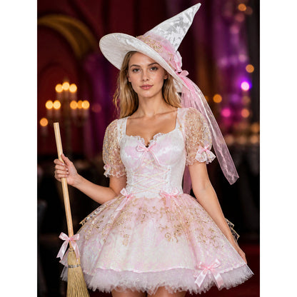 Women's Witch Halloween Costume Dress Set, Lace-Up Bodice, Short Fluffy Skirt on-model view