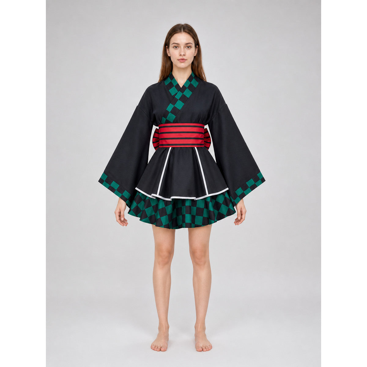 Black Cosplay Dress with White Trim and Checkered Pattern front view