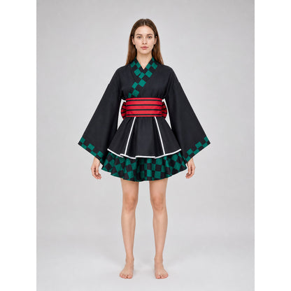 Black Cosplay Dress with White Trim and Checkered Pattern front view
