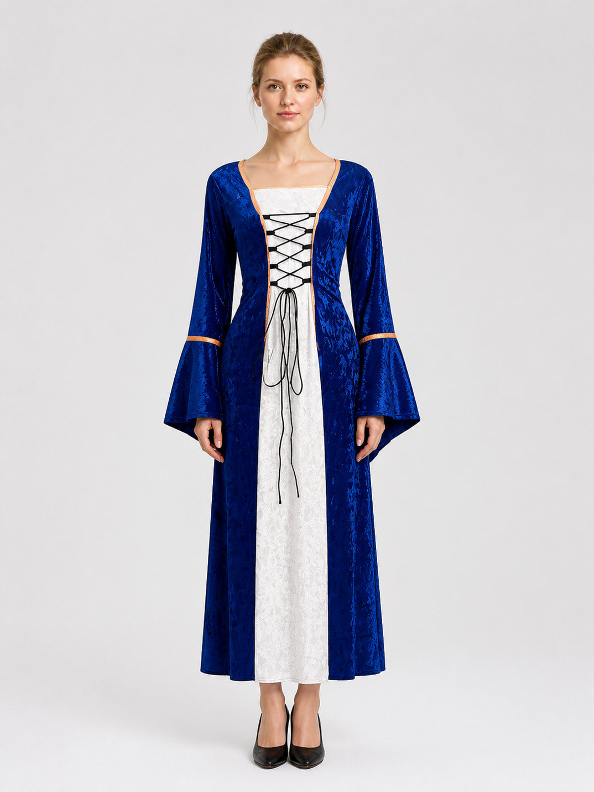 Retro-Style Dress with Flared Sleeves and Lace-Up Detail on-model view