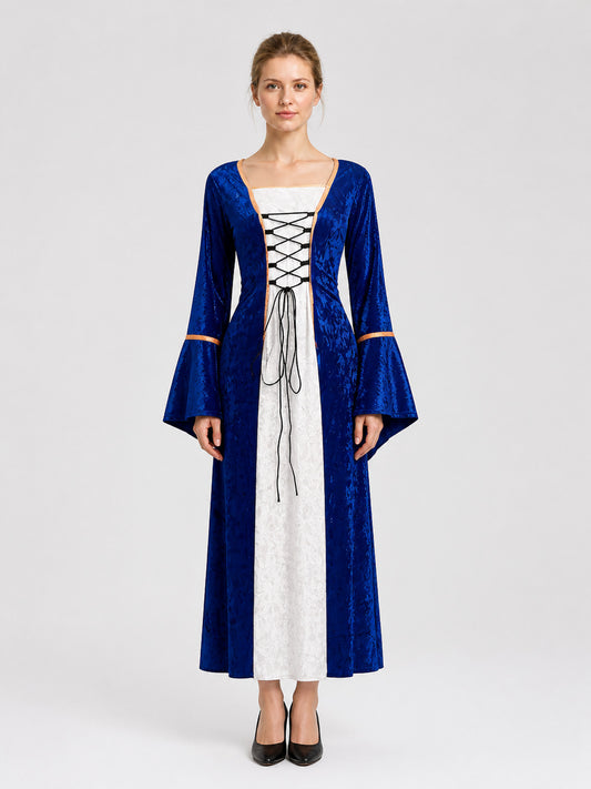 Retro-Style Dress with Flared Sleeves and Lace-Up Detail on-model view