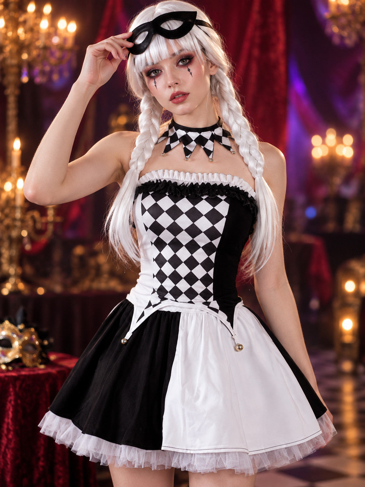 Black and White Checkered Clown Cosplay Carnival Costume