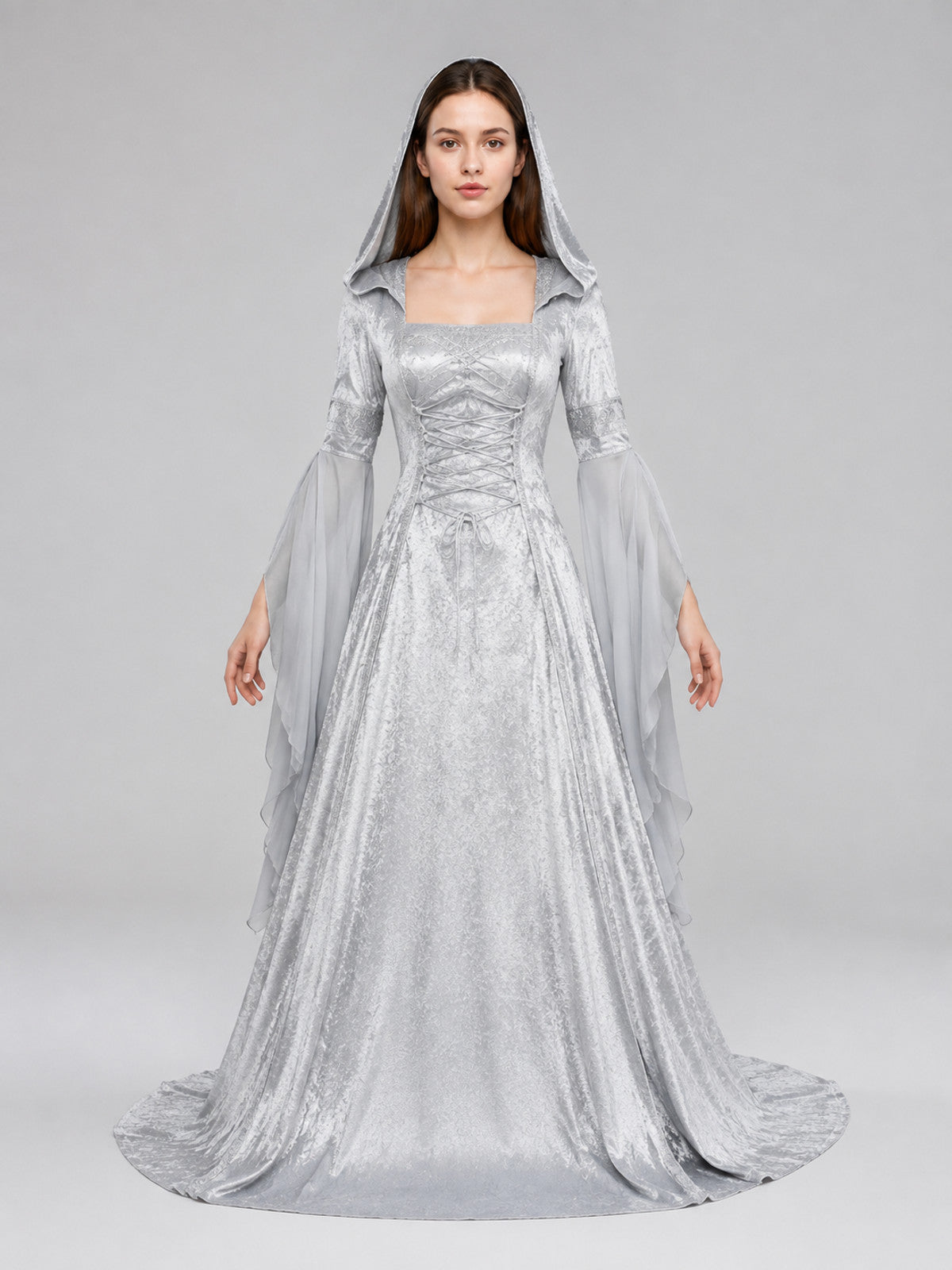 Medieval Gray Hooded Dress with Train on-model view