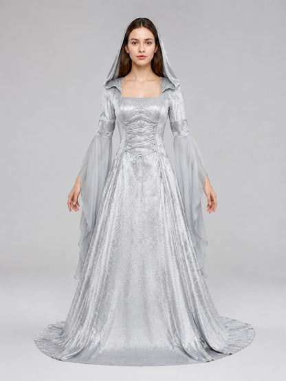 Medieval Gray Hooded Dress with Train on-model view