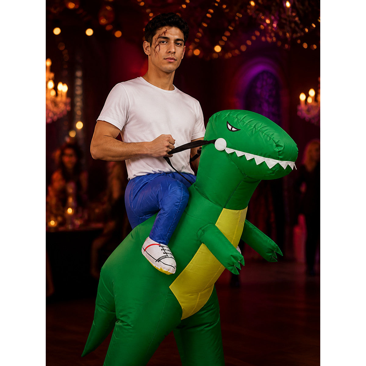 Green Inflatable Riding Dinosaur Costume, Funny Halloween Suit with Yellow Belly on-model view