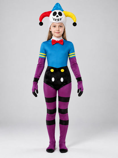 Clown carnival costume with skull mask and bow