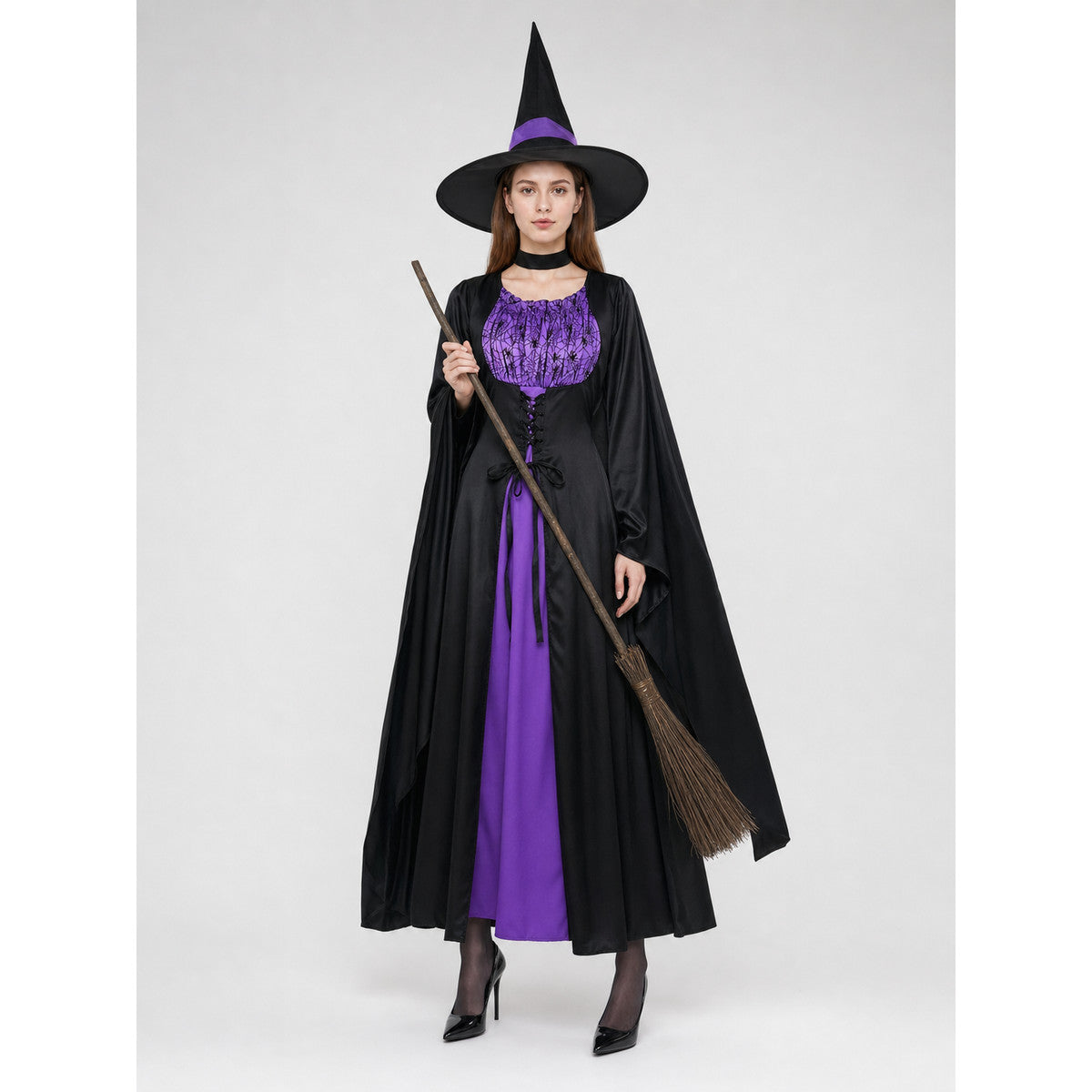 Black Costume Cape with Dress and Hat on-model view
