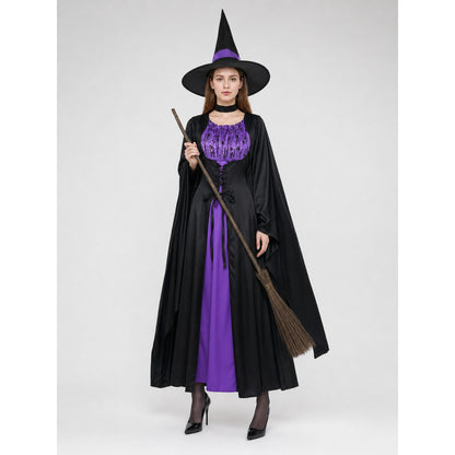 Black Costume Cape with Dress and Hat on-model view