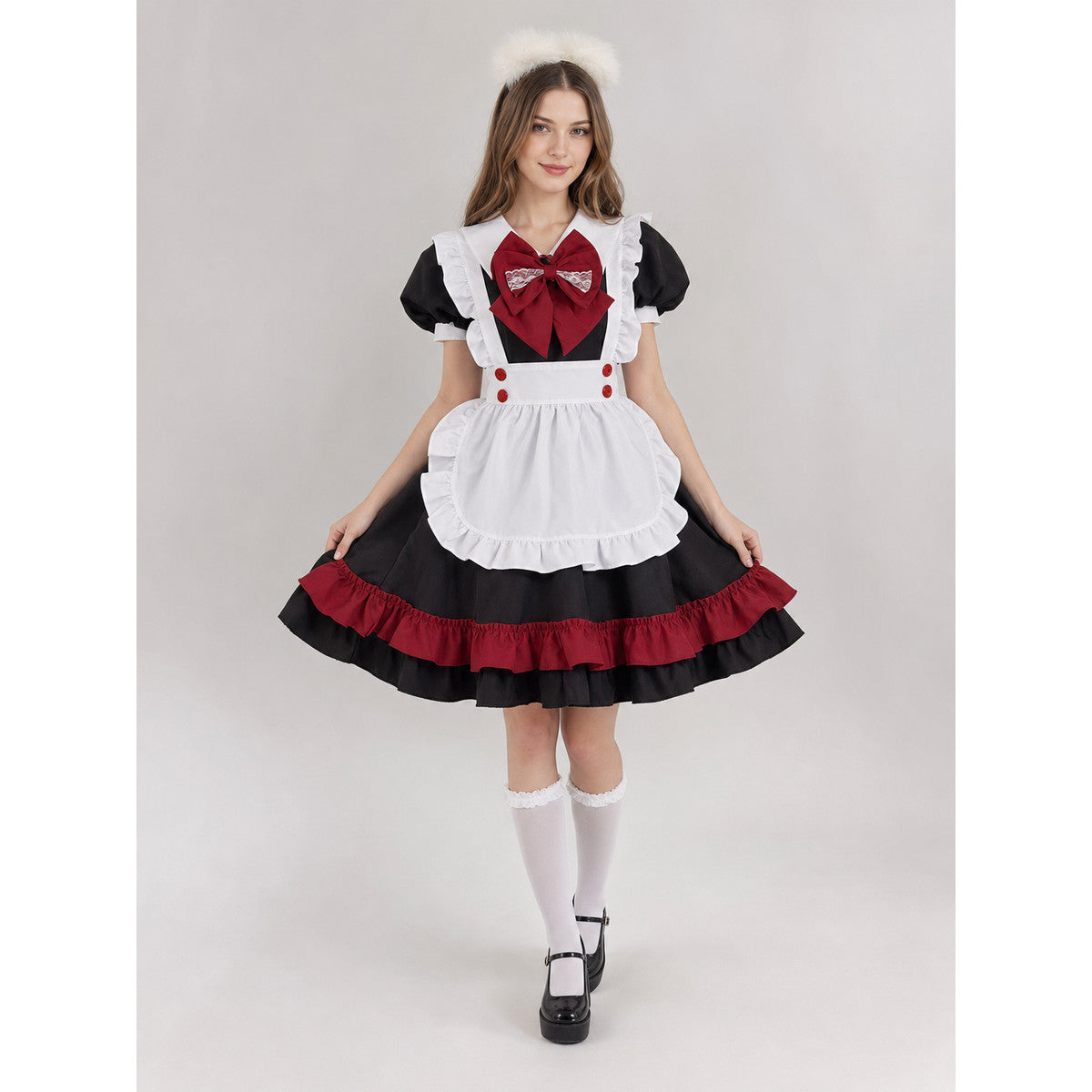 Lolita maid cosplay costume, black and red on-model view