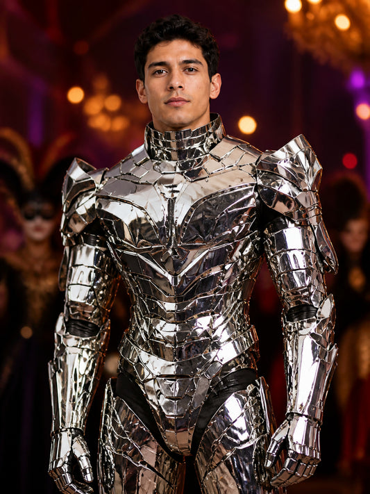 Iron Man Style Full-Body Armor Costume With Helmet, Silver Red Gold Robot on-model view