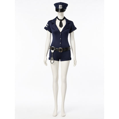 Women's Navy Blue Police Officer Bodysuit Halloween Costume Set with Hat, Tie on-model view