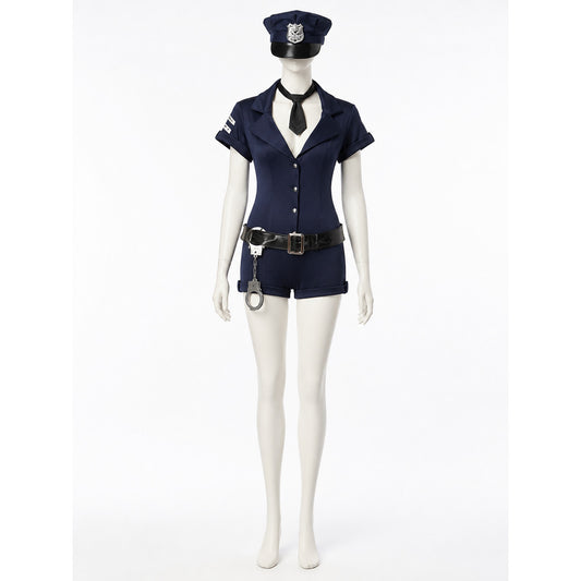 Women's Navy Blue Police Officer Bodysuit Halloween Costume Set with Hat, Tie on-model view