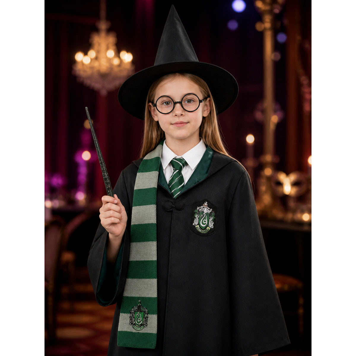 Wizard Costume Set with Robe, Hat, Scarf, Tie, Glasses, Shirt and Wand on-model view