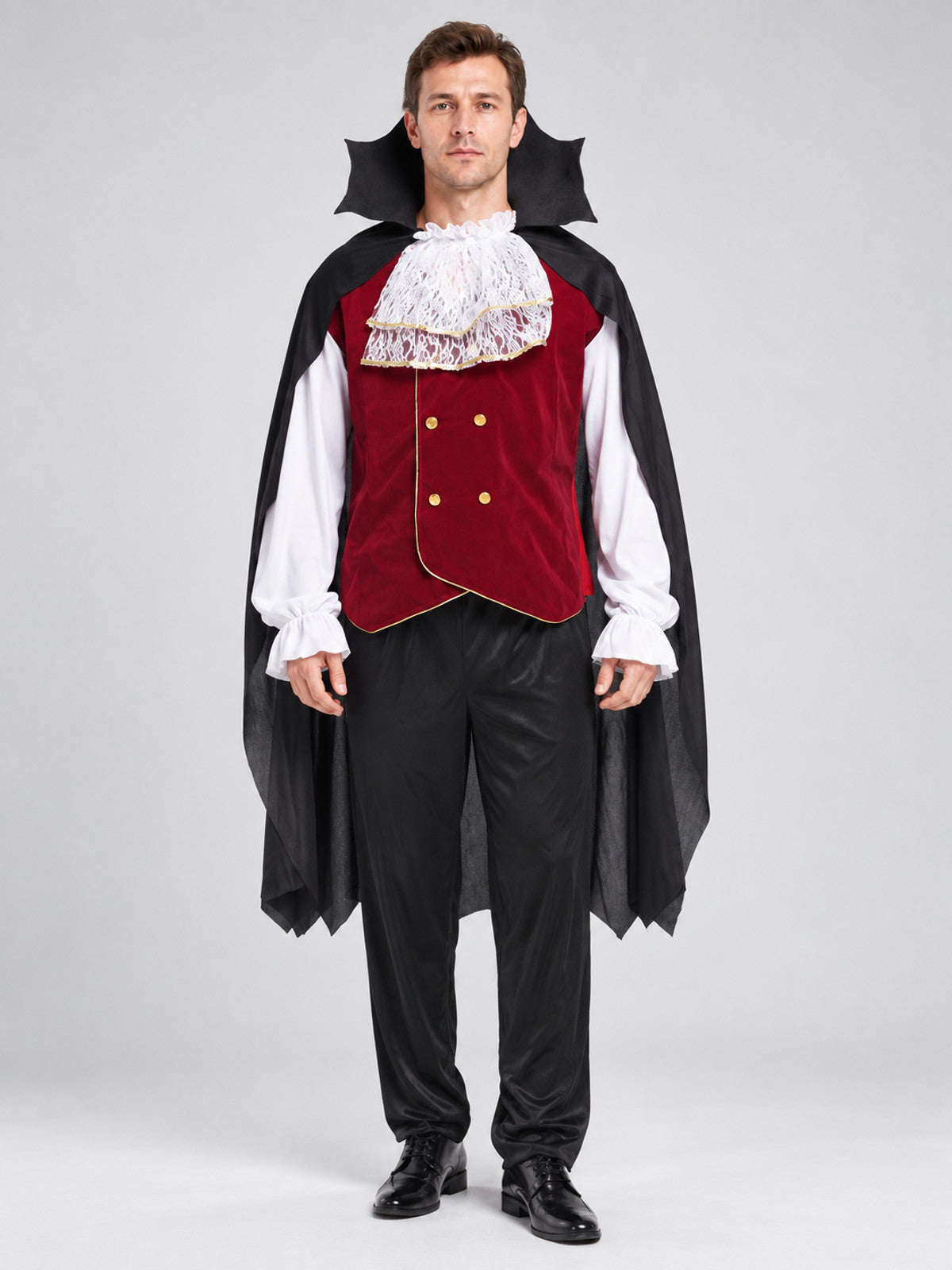 Costume with Burgundy Vest, Pants, and Cape on-model view