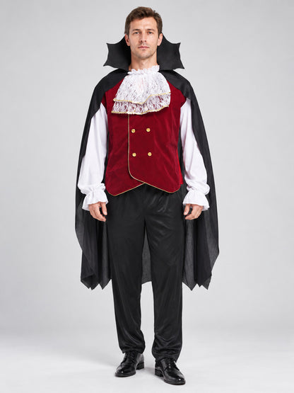 Costume with Burgundy Vest, Pants, and Cape on-model view