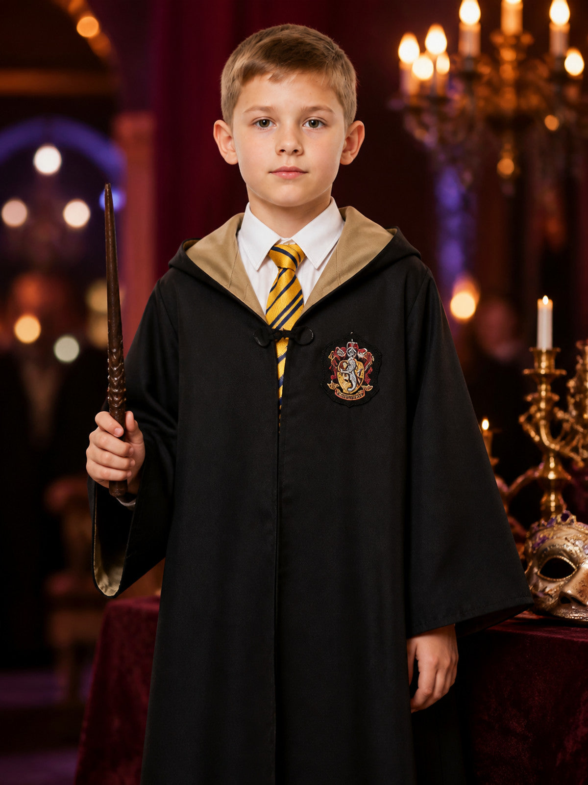 Hufflepuff Wizard Robe Costume Set with Hood and Tie on-model view