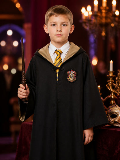 Hufflepuff Wizard Robe Costume Set with Hood and Tie on-model view