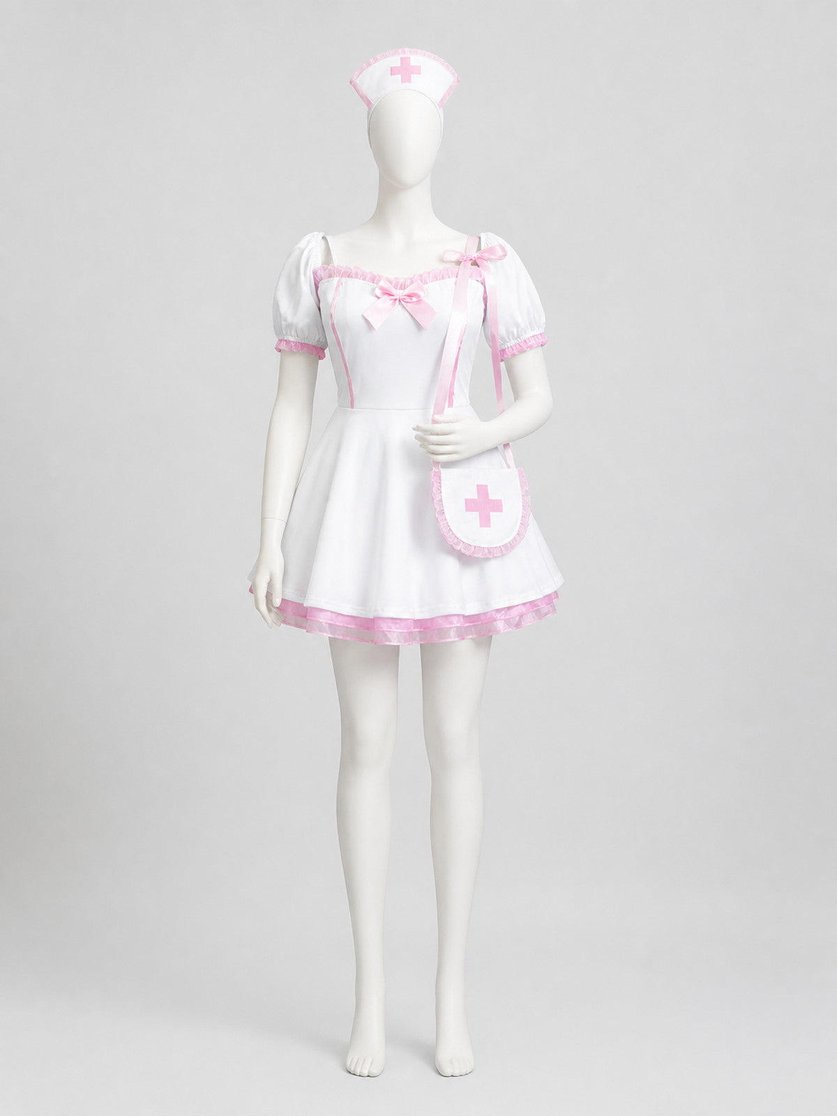 Lolita Dress Set, White and Pink, with Accessories on-model view
