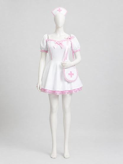 Lolita Dress Set, White and Pink, with Accessories on-model view