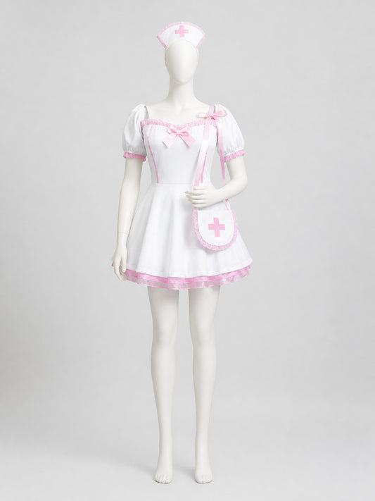 Lolita Dress Set, White and Pink, with Accessories on-model view