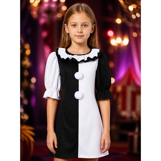 Women's Clown Costume Dress with Ruffle Collar, Black and White Patchwork, Stage on-model view