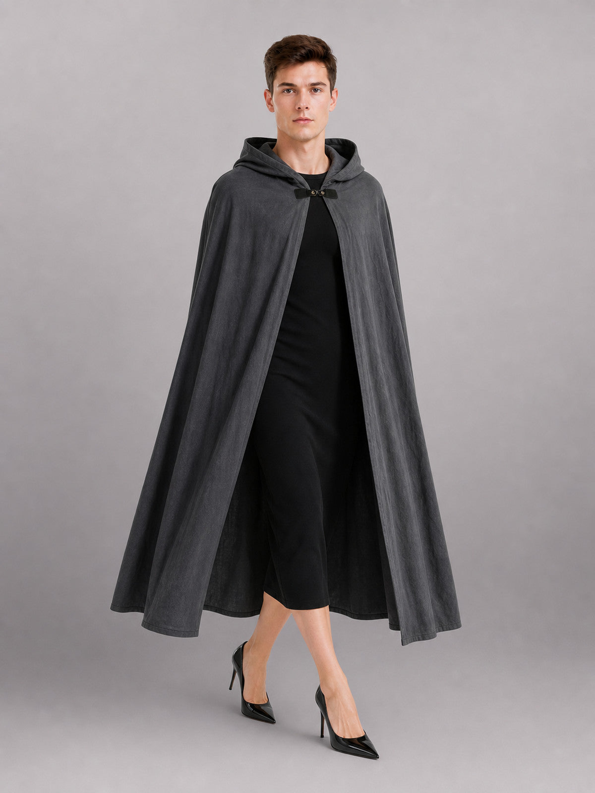 Adult Fantasy Hooded Cape, Long Dark Gray Cloak With Front Tie Closure, Wide