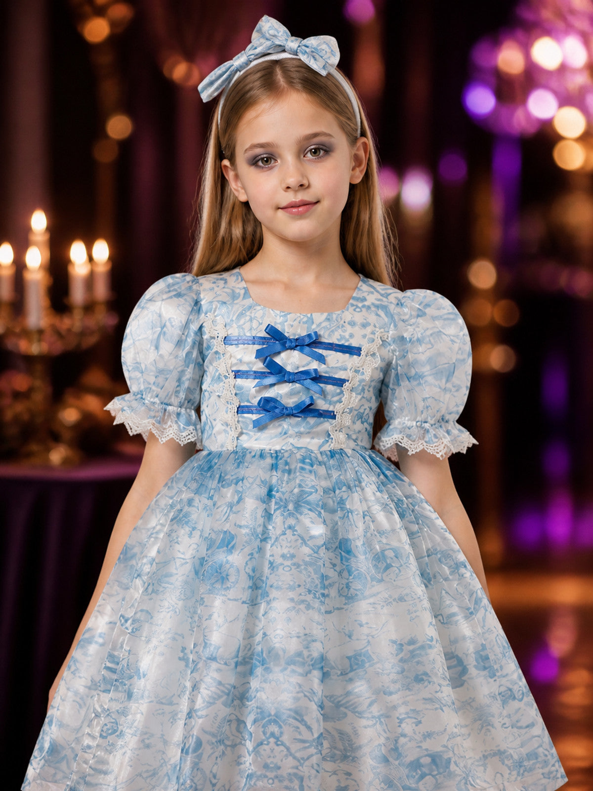 Girls' Light Blue Floral Princess Dress with Lace Trim and Bow Headband on-model view
