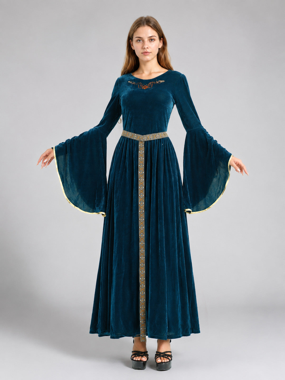 Floor-Length Dark Blue Carnival Dress with Belt on-model view