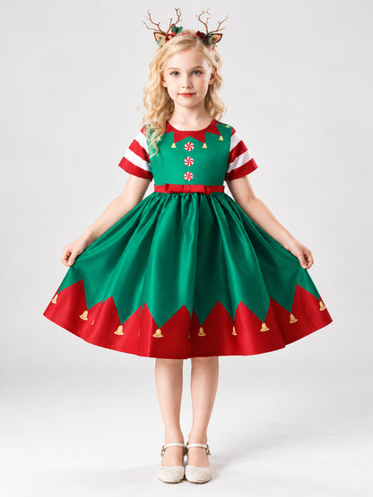 Girls' Festive Dress with Christmas Print and Bow