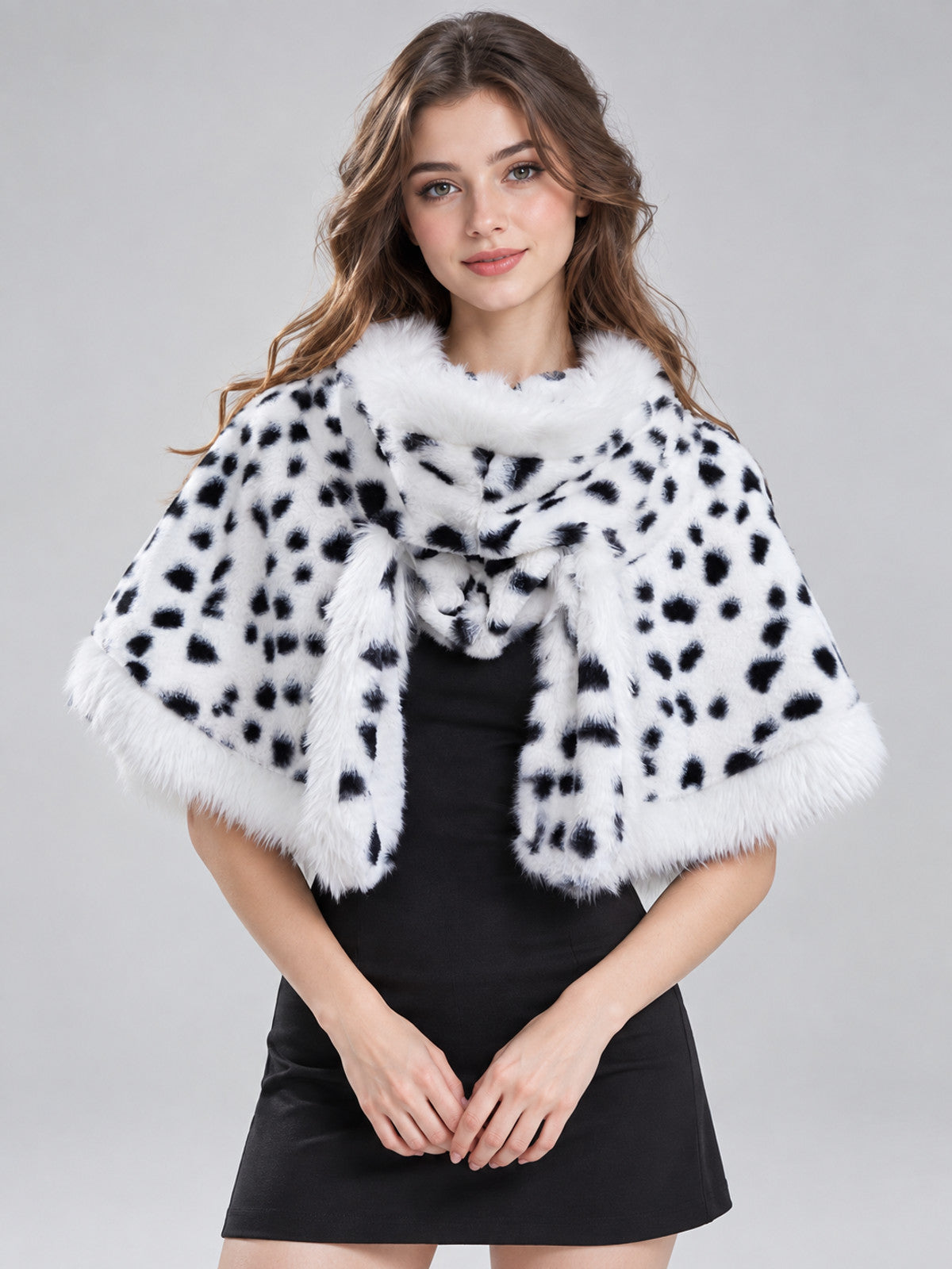 White Faux Fur Cape with Black Spots