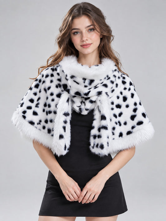 White Faux Fur Cape with Black Spots