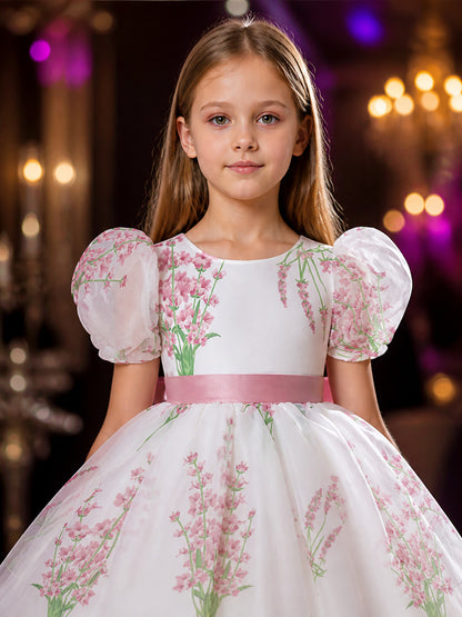 Baby Girls' Floral Princess Dress, Puff Sleeves and Full Skirt on-model view