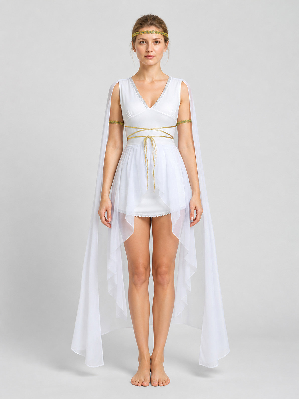 Egyptian-Style Cosplay Costume — White Dress with Cape on-model view