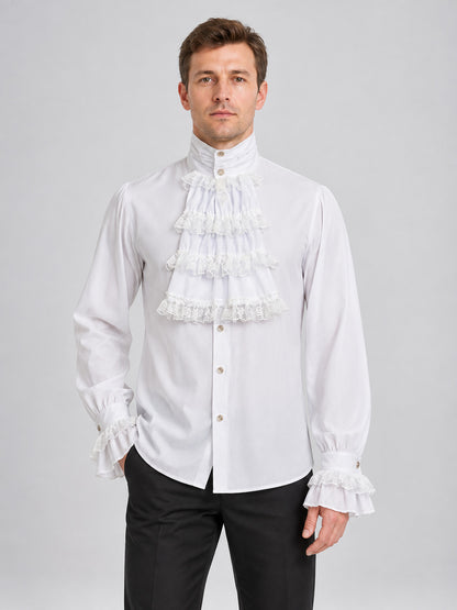 White Ruffled Jabot Shirt with High Collar and Frills