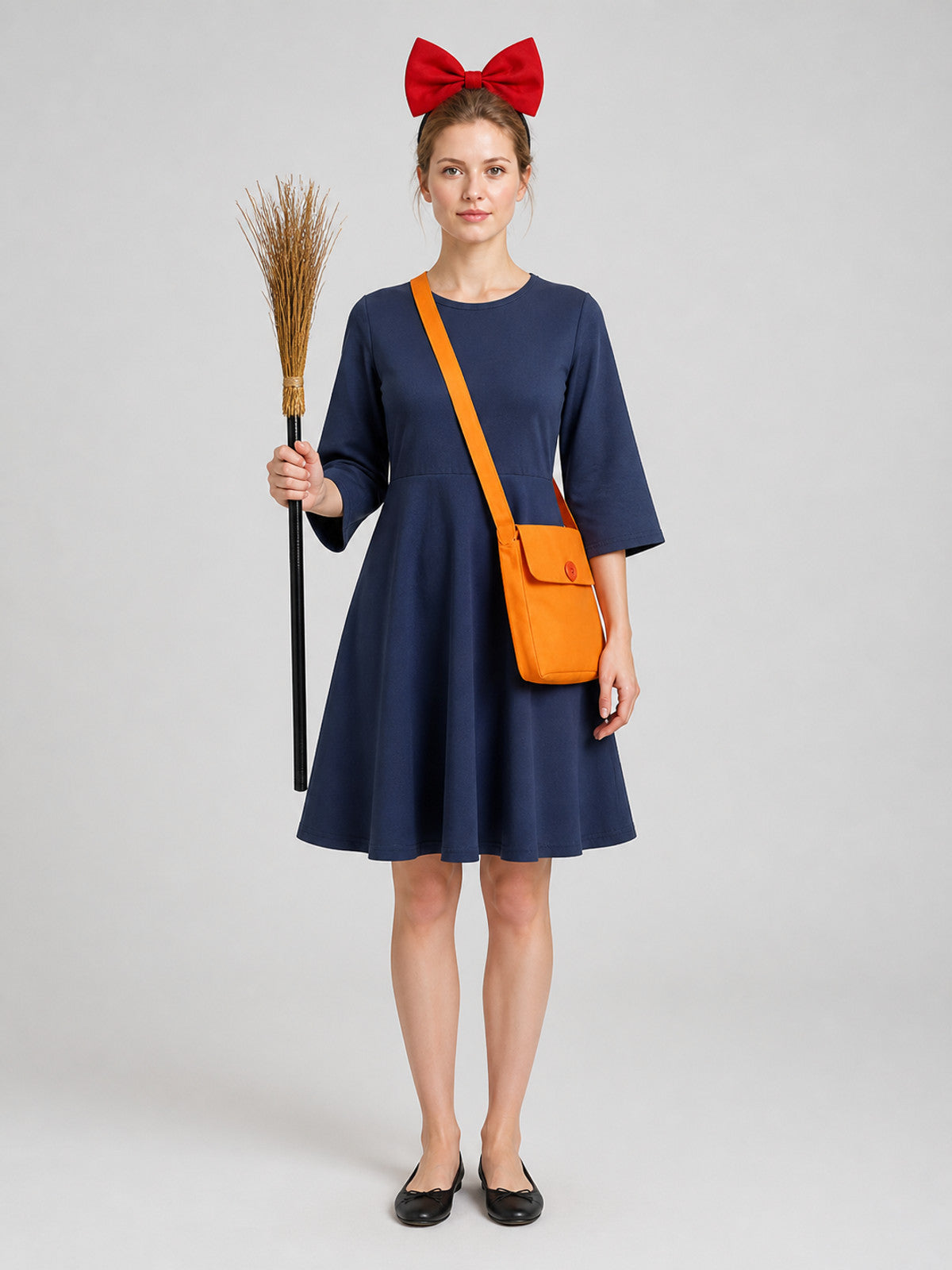 Kiki Cosplay Set: Dress, Bow, Bag, and Broom on-model view