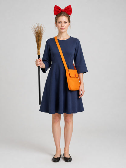 Kiki Cosplay Set: Dress, Bow, Bag, and Broom on-model view
