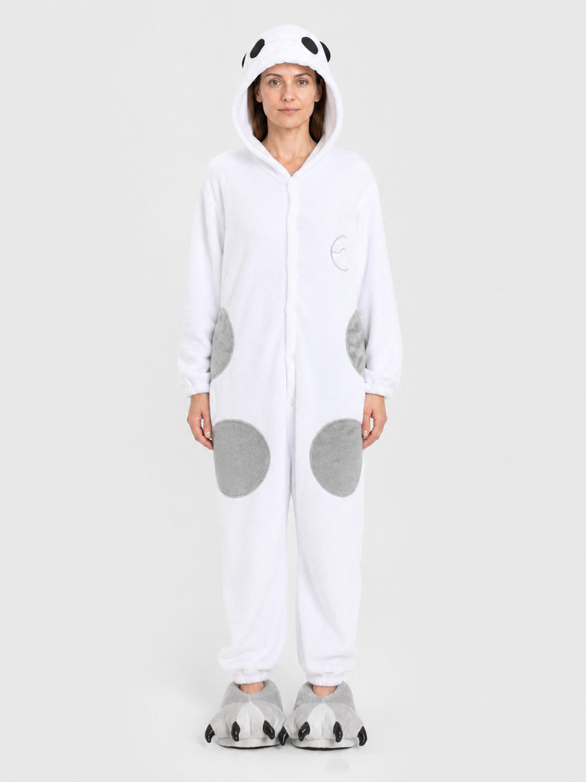 Panda Flannel Pajama Jumpsuit with Hood on-model view