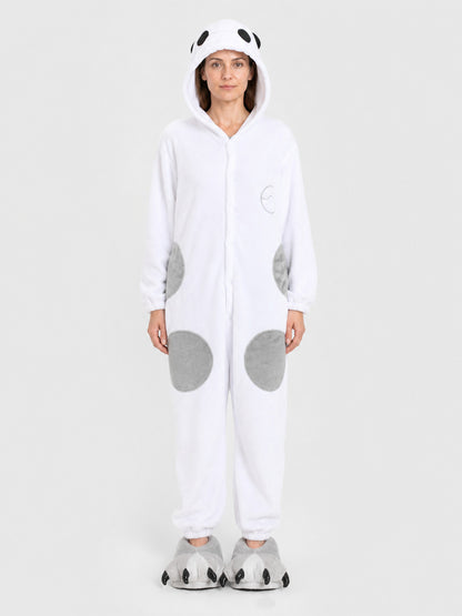 Panda Flannel Pajama Jumpsuit with Hood on-model view