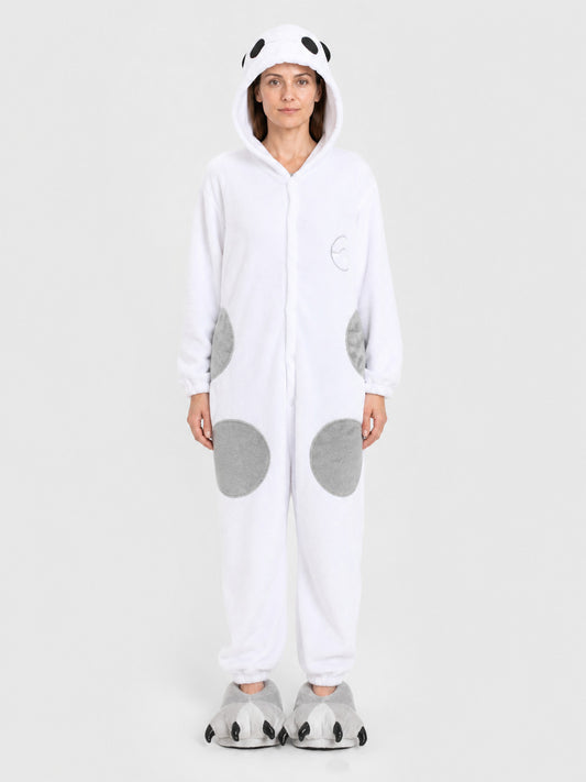Panda Flannel Pajama Jumpsuit with Hood on-model view