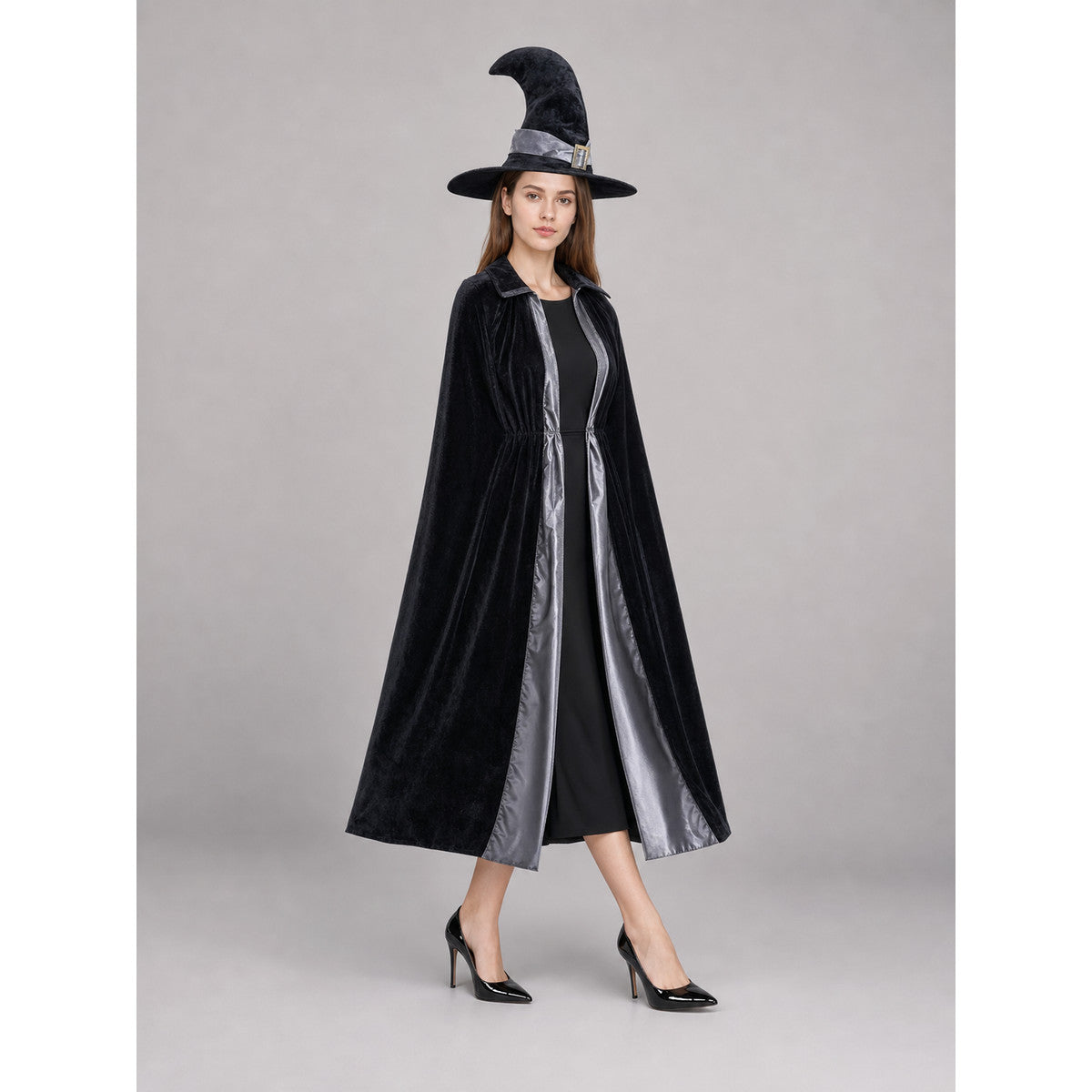 Witch Costume: Dress, Belt, and Pointed Hat front view