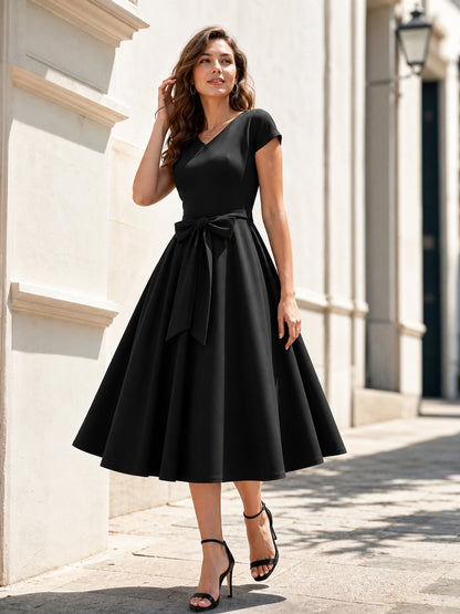 Black V-Neck Dress with Bow main product view