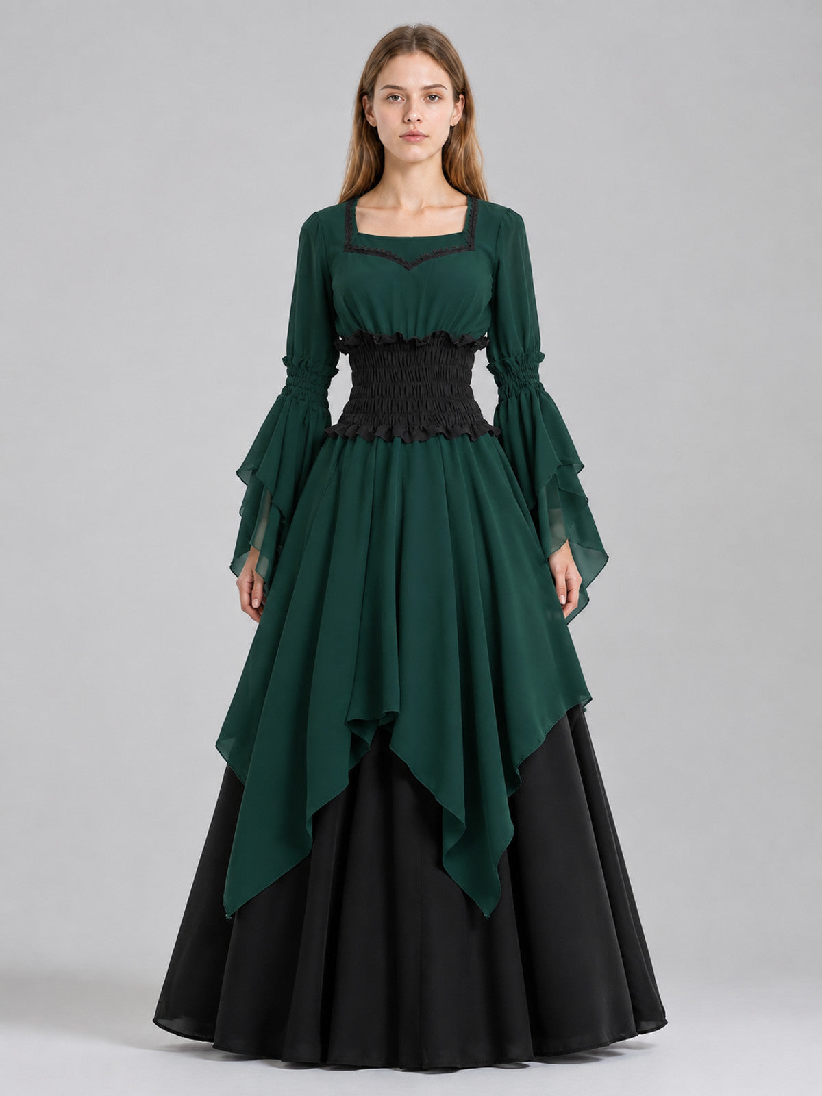 Layered Dark Green Dress with Flared Sleeves on-model view