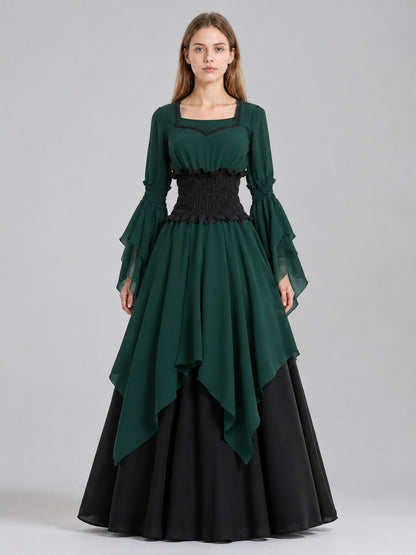 Layered Dark Green Dress with Flared Sleeves on-model view