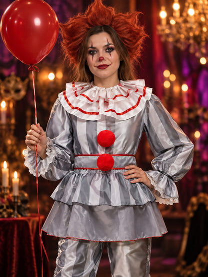 Striped Clown Costume with Peplum, Ruffles, and Pom-Poms